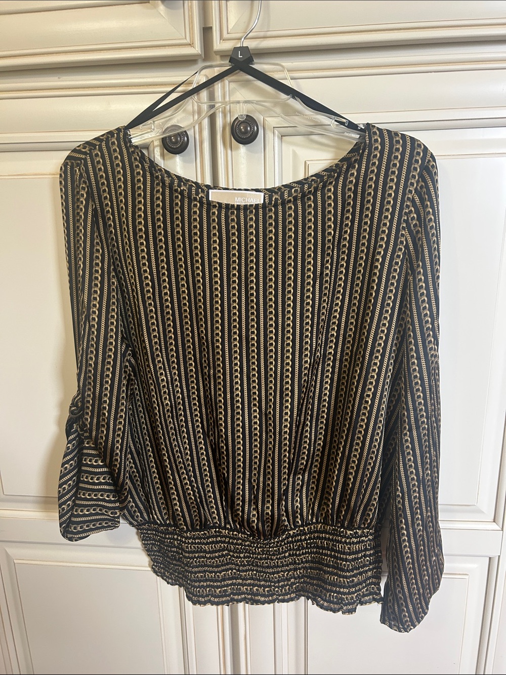 Michael Kors Black and Gold Stripe-Chain Print Blouse